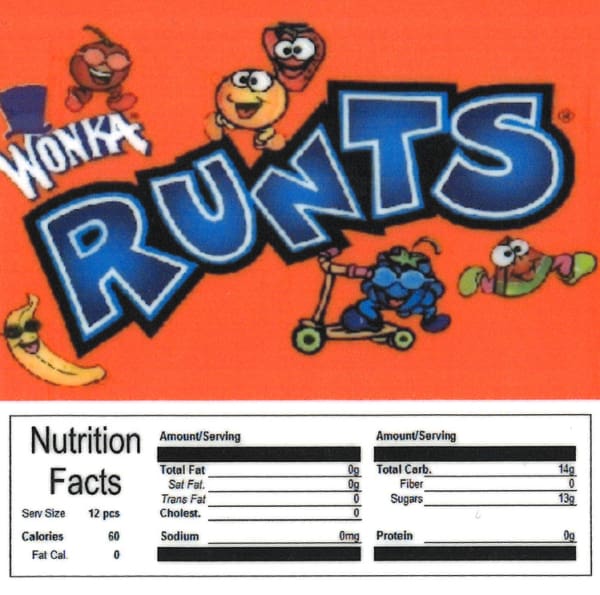 Runts Product Label With Nutrition Information - Gumball Machine Warehouse